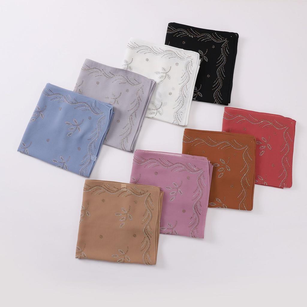 90Cm New Chiffon Hijab With Rhinestones Diamonds Scarf Shawls Solid Headscarf Wraps Ramadan Eid Hijabs Glitter Headband Turban