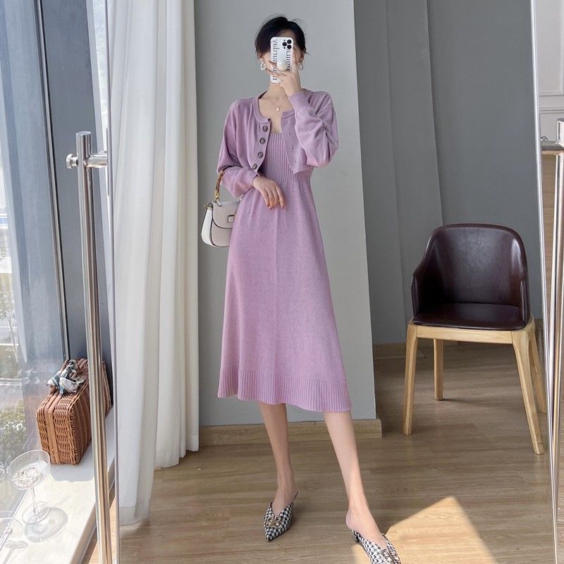 

Корейский вязаный кардиган и платье комплект из двух предметов женский весенне-осенний новый стиль темпераментный комплект one size фиолетовый