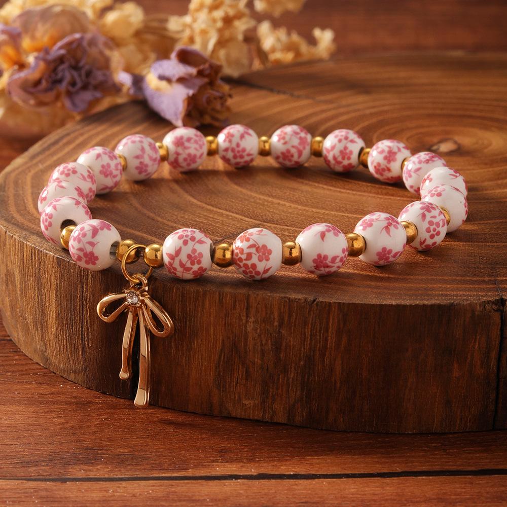 Vintage Style Ceramic Bead Bracelets, Cross/Medal/Bow/Butterfly Charm Elastic Jewelry