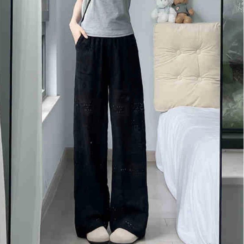 Women High Waist Hollow Out Embroidered Wide Leg Pants In Two Colors