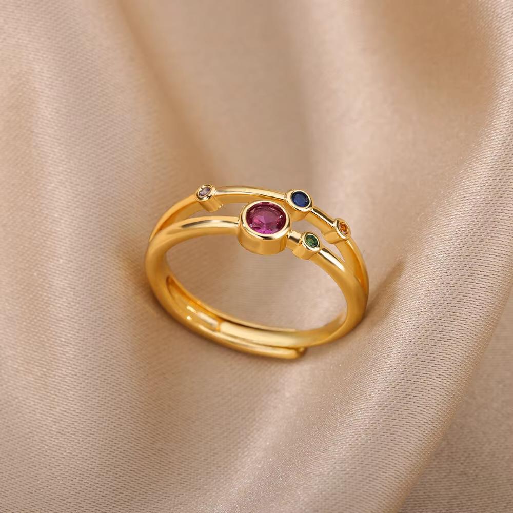 Luxry Colorful Zircon Opening Rings For Women Stainless Steel Gold Color Irregular Geometric Shiny Crystal Ring Fashion Zircon