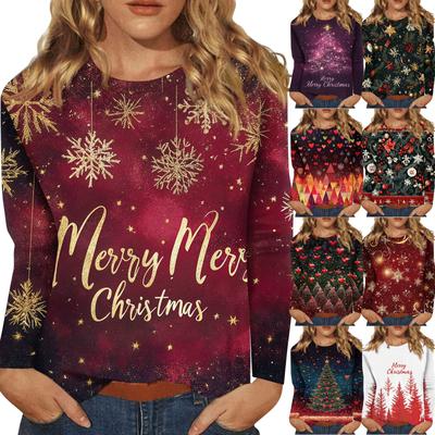 Women's Fashion Casual Christmas Printed Round Neck Long Sleeve Pullover Top