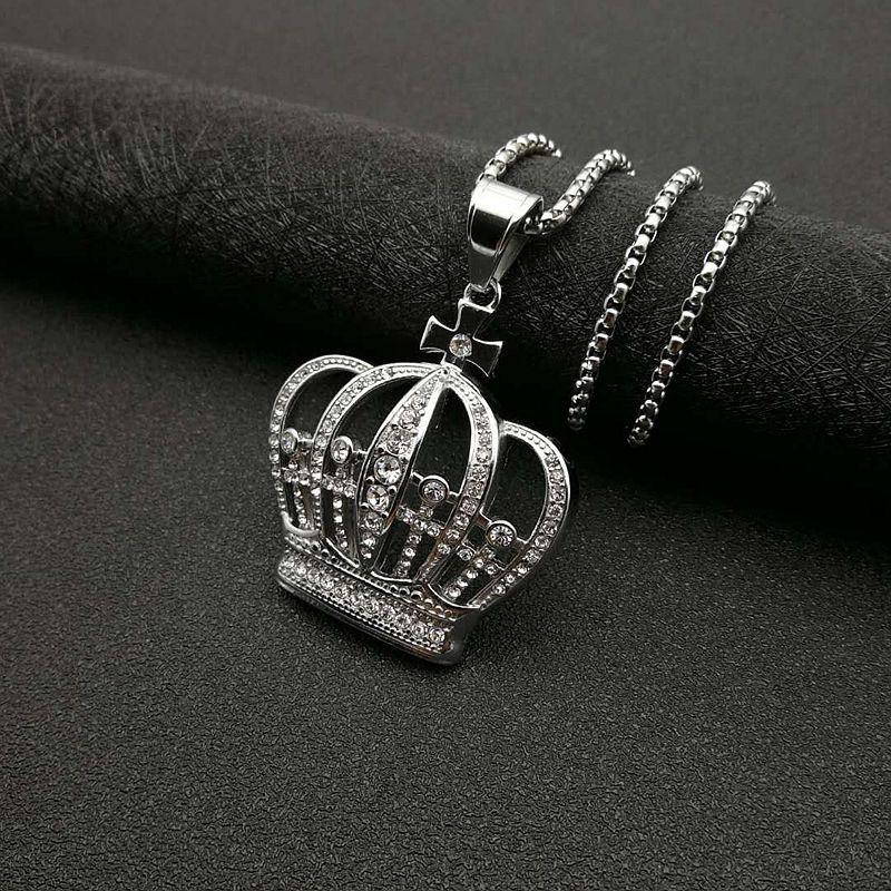 

New Men s Hip Hop Gold Silver 316L Stainless Steel Plated Iced Out Crystal King Crown Pendant Necklace Fashion Jewelry Gift 60cm серебряный