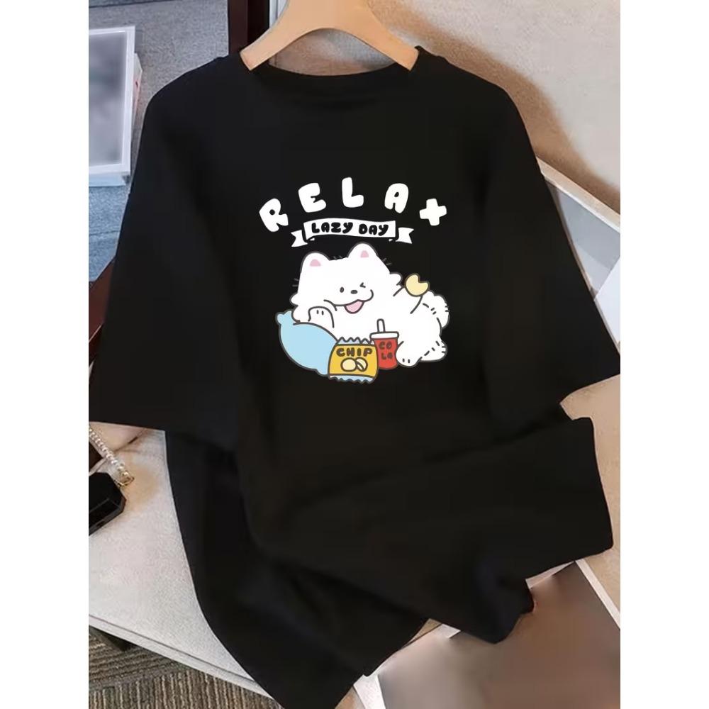 Cute White Cat Cherry Drink Print T-Shirt Unisex Crew Neck Oversized Tee Cute Anime Cat Graphic Shirt for Summer