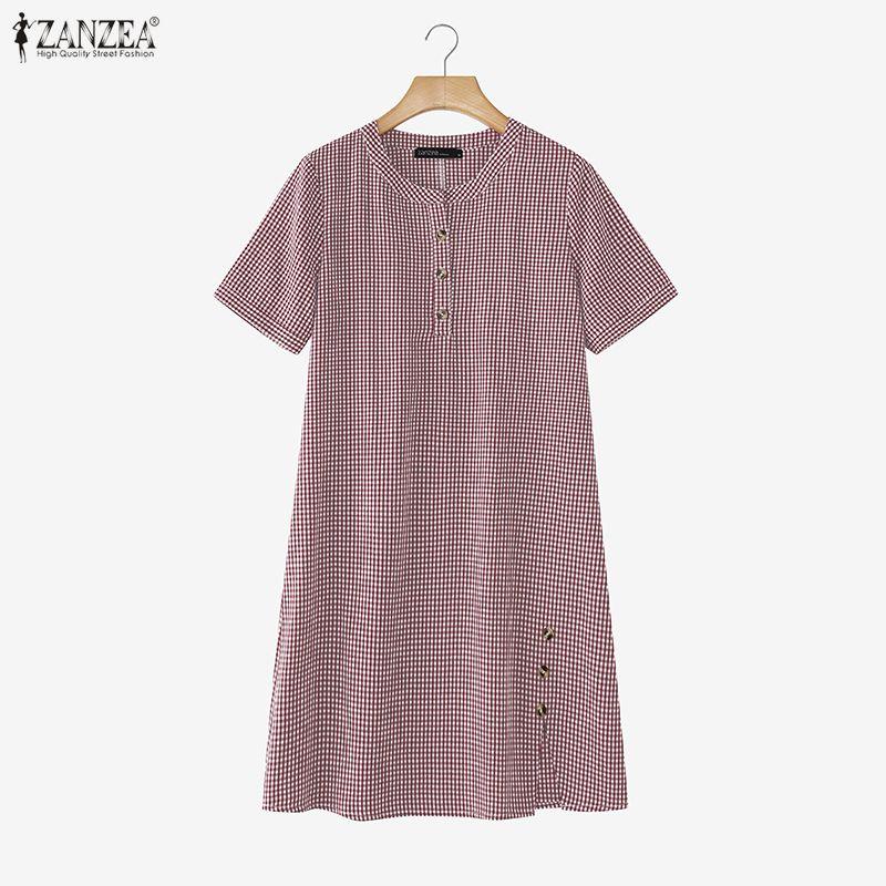 ZANZEA Women Plaid Print Casual V-Neck Summer Short Sleeve Dress