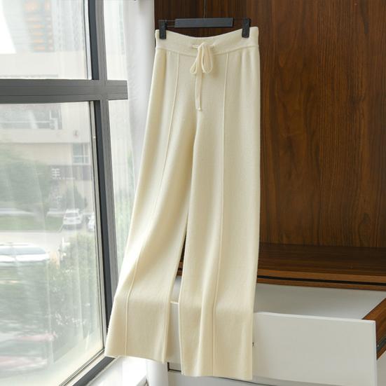 Women Long Pants Elastic High Waist Wide-Leg Knitted Pants with Pockets Solid