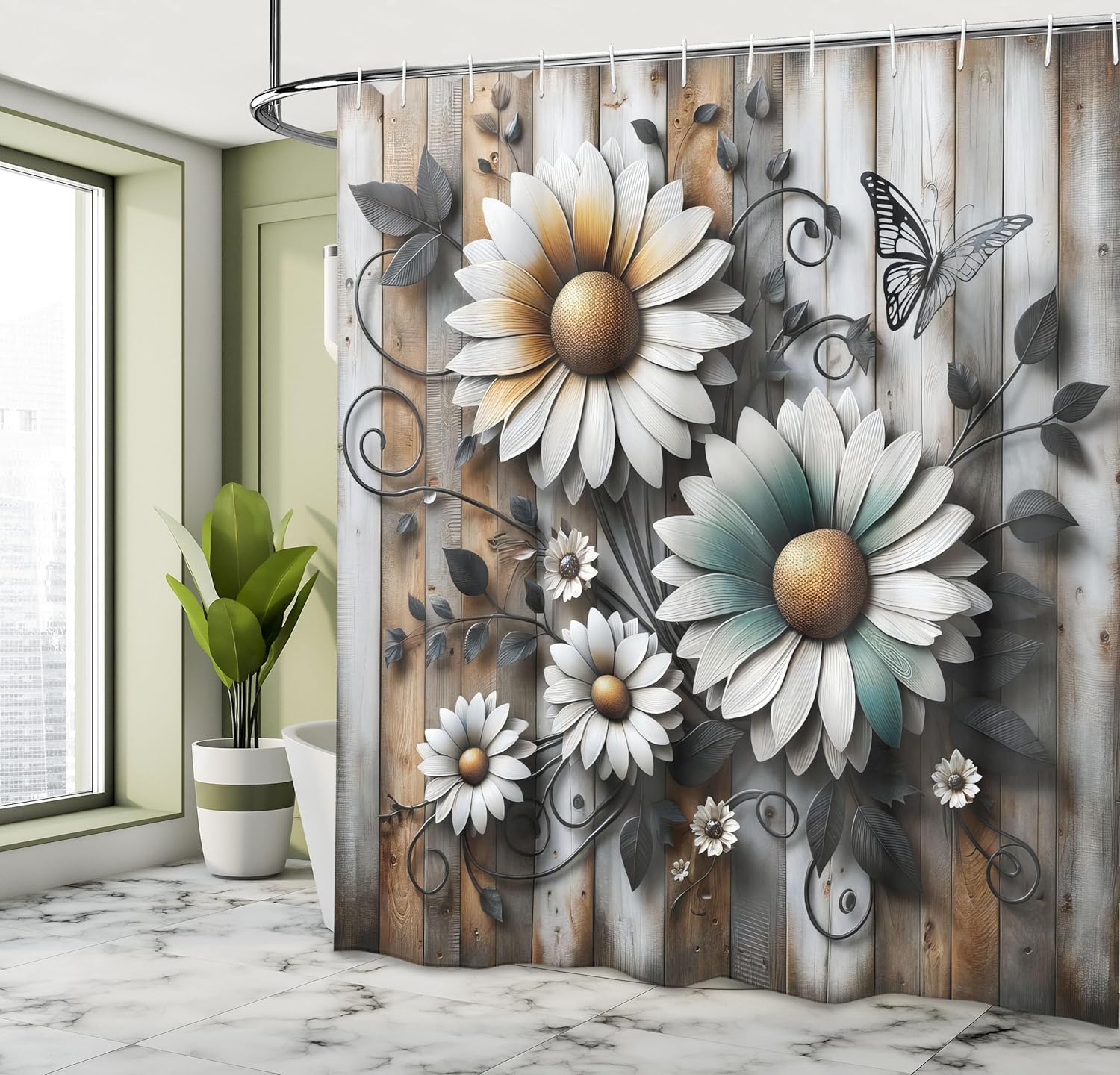

Vintage Shower Curtain, Blooming Chamomile Flowers And Swirls On Grunge Rustic Wooden Background, Cloth Fabric Bathroo W60H190(CM)-1 Pcs