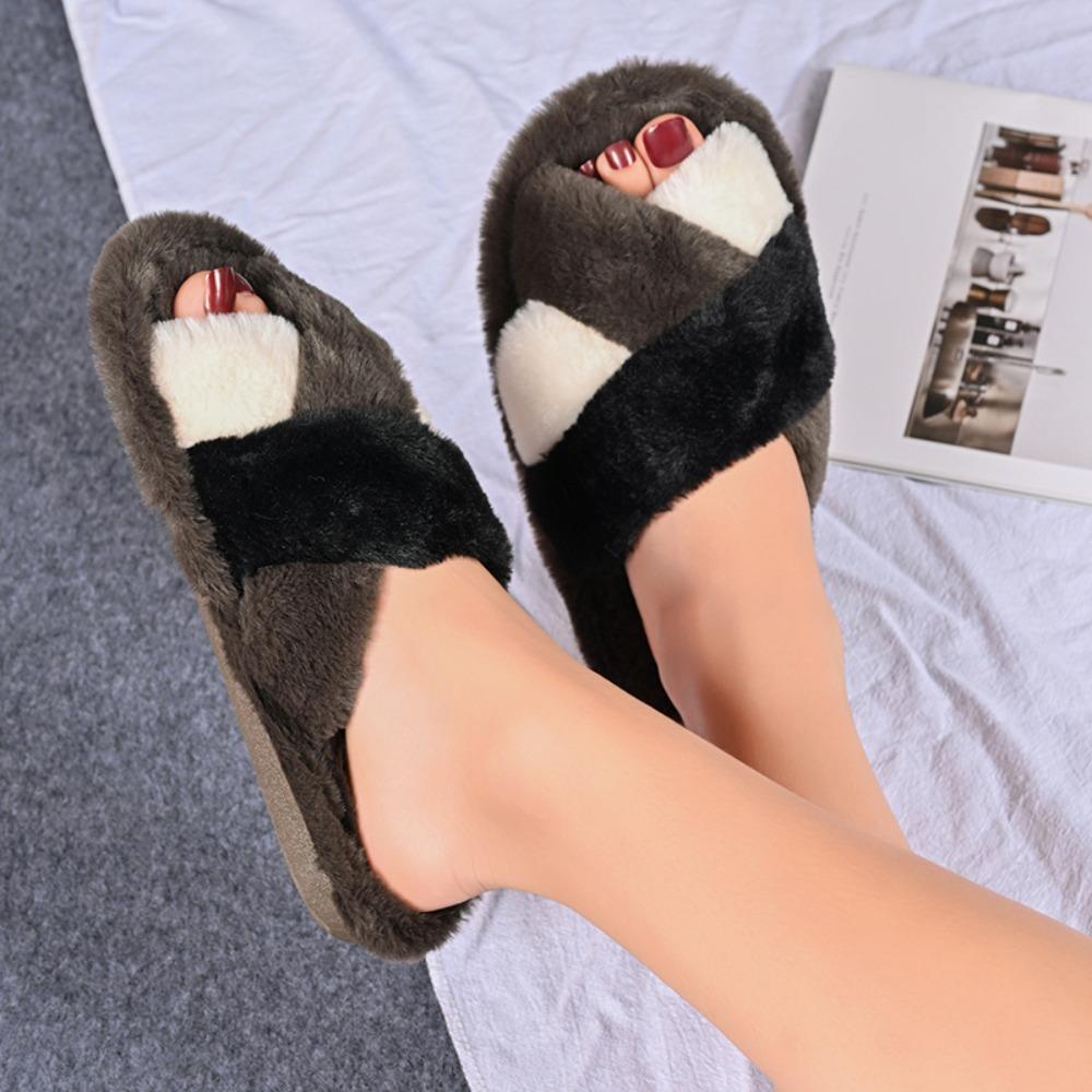 Fashion Cross Warm Fluffy Slippers Women Lightweight Flat Heels Slides Woman Autumn Winter Open Toe Comfortable Home Slippers