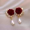 Retro Hong Kong Style Autumn and Winter Burgundy Black Velvet Rose Pearl Earrings Temperament Earrings 1111 New Trend