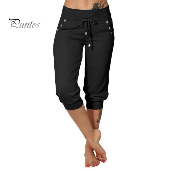 

Женские укороченные брюки, эластичные, с высокой талией, регулируемые, с завязками, до середины голени, с карманами, однотонные, эластичные, спортивные штаны для йоги XXXL чёрный