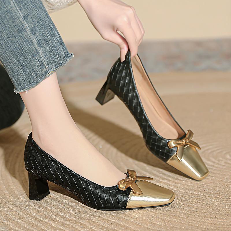 Single shoes medium heel spring shoes small fragrant splicing square head high heels thick heel