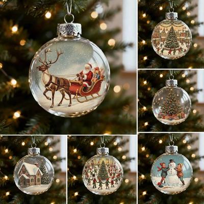 Clear Ball Ornaments Vintage Snow Village House/Christmas Tree/Snowman Hanging Ball Ornaments for Farmhouse Xmas Tree Holiday Wedding Home Decor