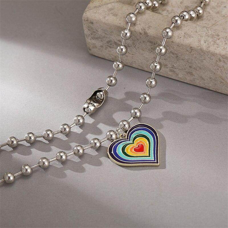 iF ME Vintage Colorful Multiple Love Heart Necklace Pendant for Women Girl Silver Hiphop Punk Long Beads Chain Necklaces Jewelry
