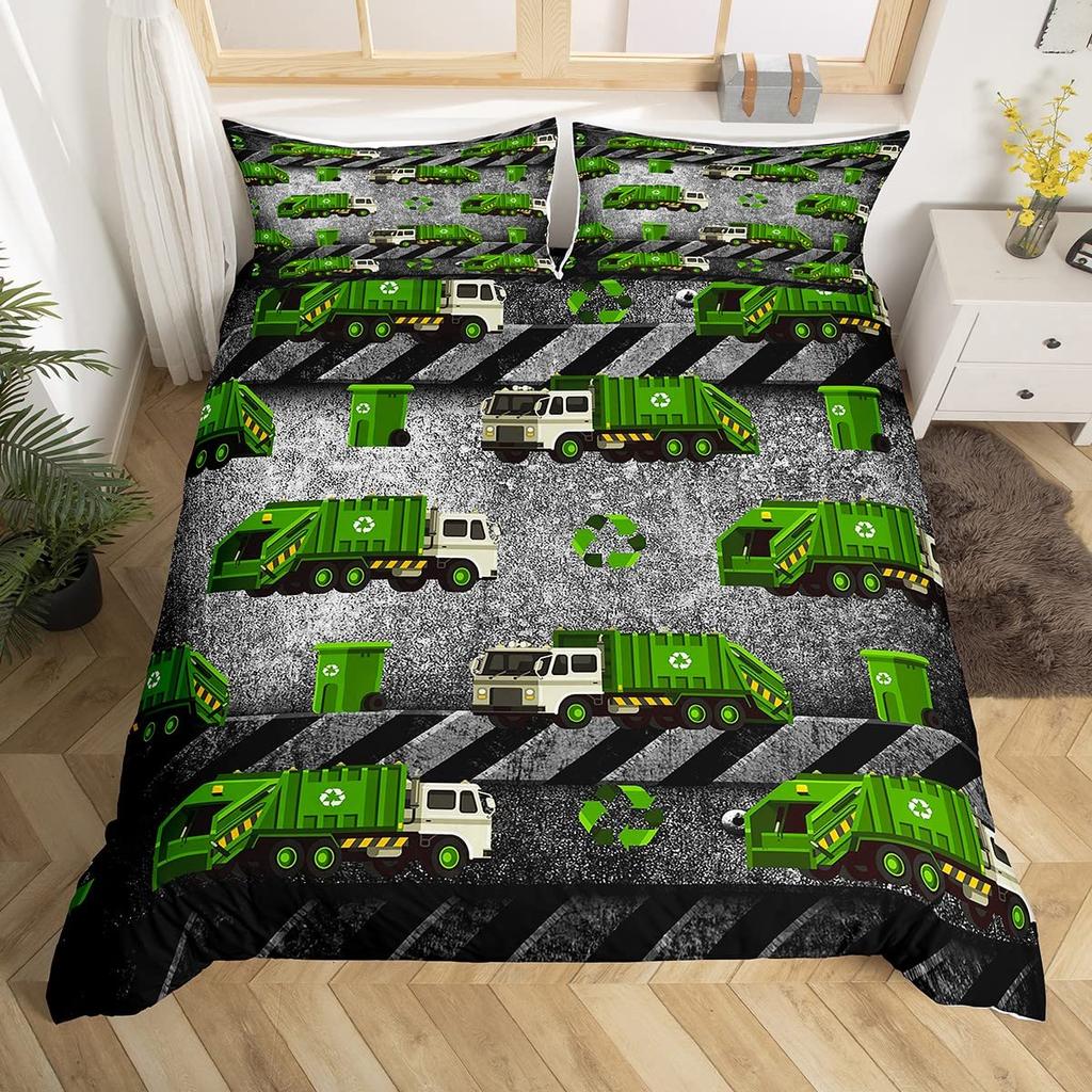 Truck Excavator Duvet Cover Set Queen Size For Kids Nursery Cartoon Tractor Engineering Vehicle Construction Theme Bedding Set