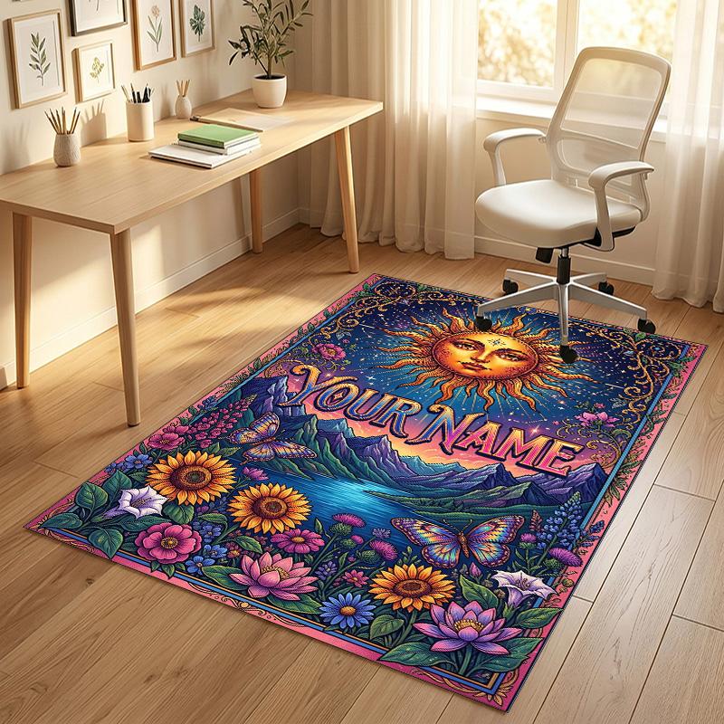 Floral Garden Theme Crystal Velvet Rug Personalized Custom Name Text Soft Floor Mat Home Decor