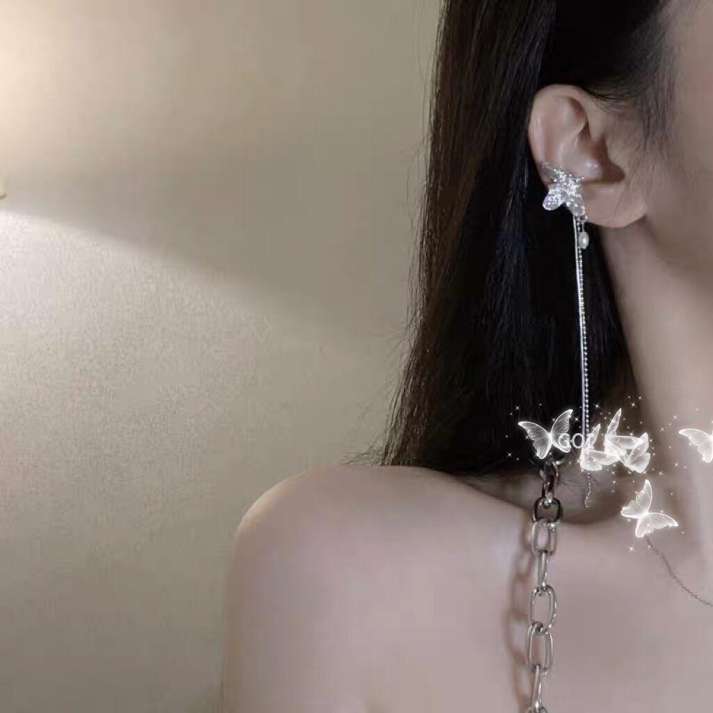 Pearl Butterfly Tassel Long Ear Clip Without Earrings, Female Summer Fairy Mori Earbone Clip Earrings Tide