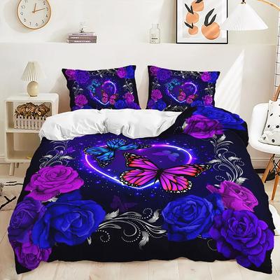 Purple Butterfly Rose Bedding Sets Fashion Duvet Cover Sets Twin Full Queen King Size Pillowcase for Kids Adult Gift Bed Linen