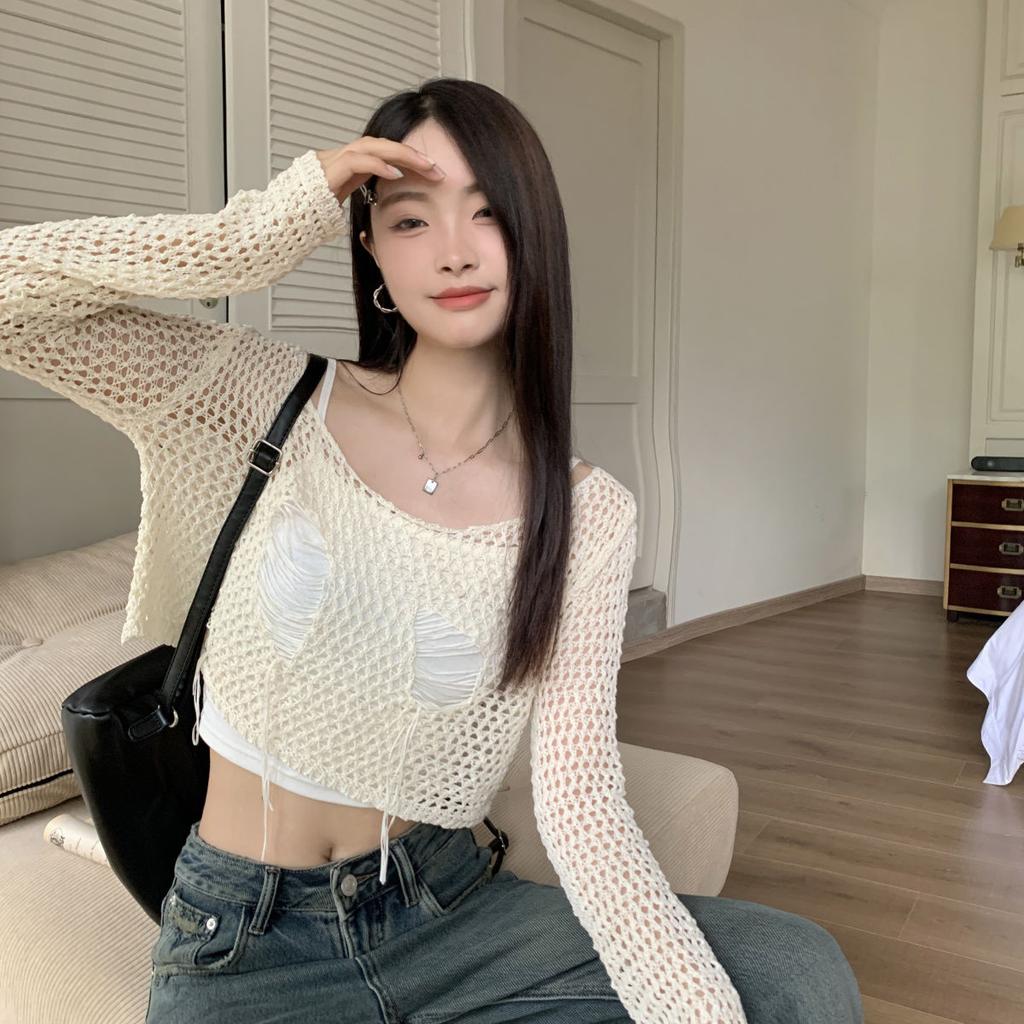Vintage Hollow Out Crochet Knit Cardigan Thin Women's Autumn Outer Wear Long Sleeve Cover Up Ripped Ice Silk Short Top