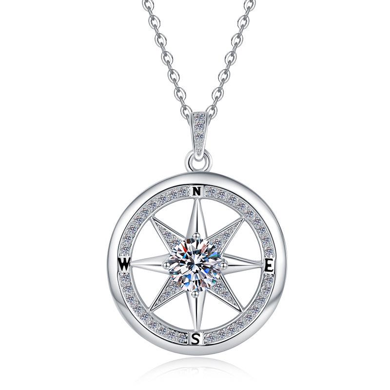White Gold Plated Copper Eight-Pointed Star Compass Pendant Necklace with 1/2 Carat D Color Moissanite Gold Color