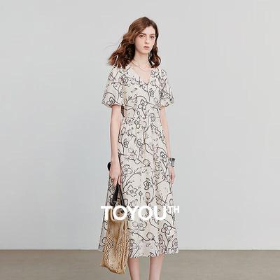 Chuyu 2025 Summer Lyocell V-Neck Retro Print Midi Dress