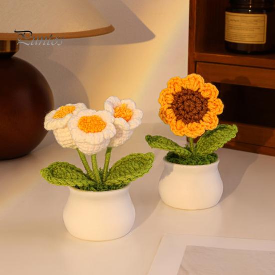 Handwoven Woolen Potted Flowers Handmade Crochet Flower Decoration, Knit Artificial Sunflower Desktop Maintenance Free Fake Plants Decor, Gift