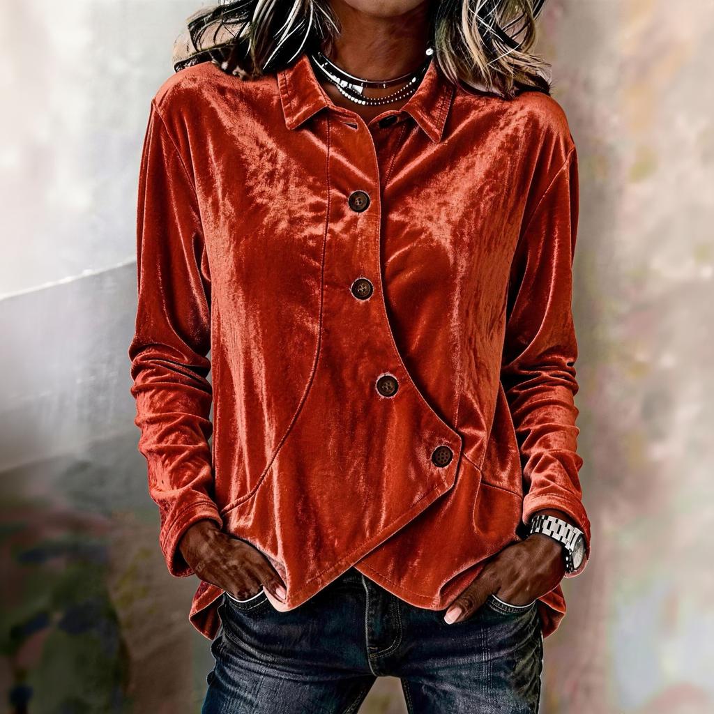 Women's Vintage Velvet Blouse with Lapel Collar and Irregular Buttons Casual Fashion Top