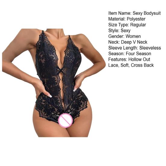Sexy Women Bodysuit See-through Hollow Out Lace Bow Open Crotch Sleeveless Sknny Low-cut Cross Back Adjustable Spaghetti Strap Honeymoon Wedding