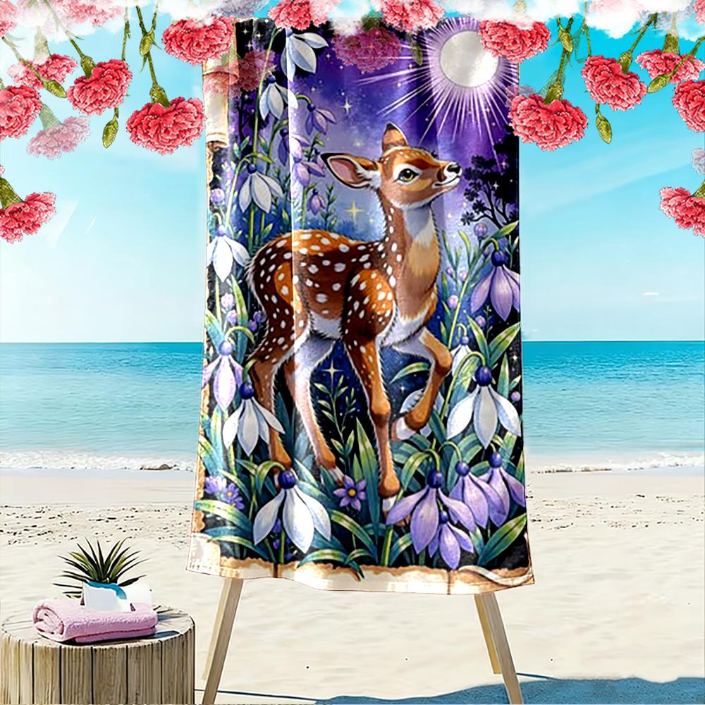 Deer and Flowers In Night Scene Beach Towel Quick-drying for Travel Outdoor Sports Jogging Beach and Swimming