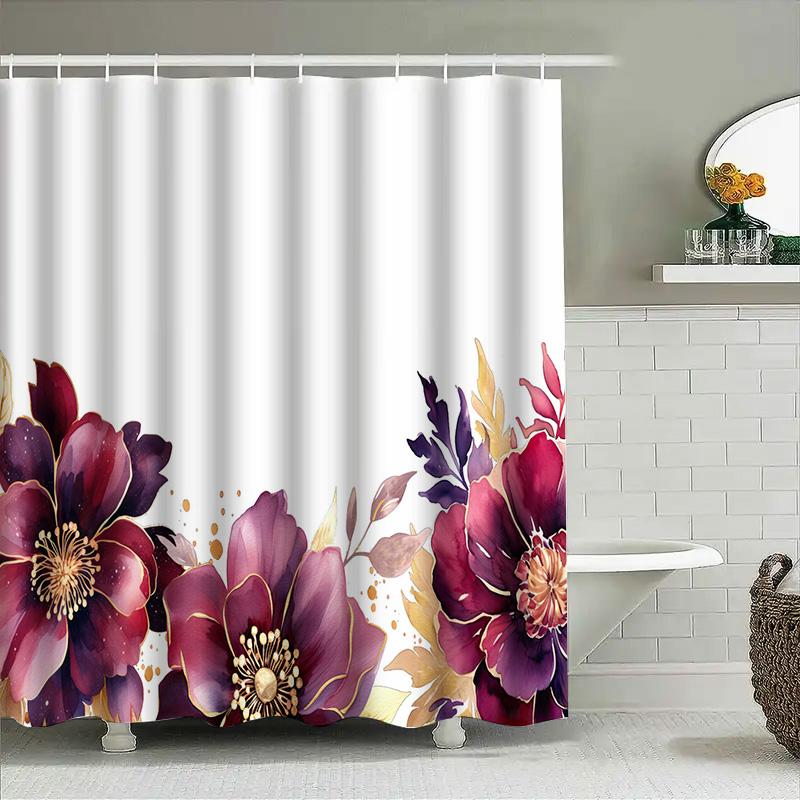 Luxury Bath Shower Curtain With Watercolor Floral Design For Bathroom Decoration White Background, Pink Gold Colors Size: 180X24