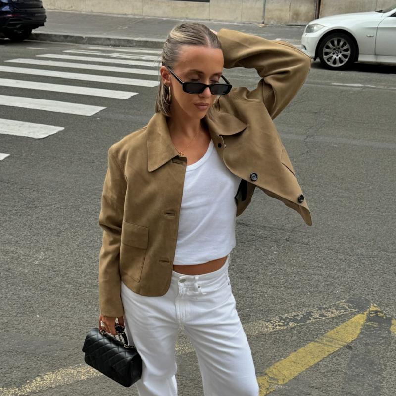 Retro Causal Suede Jackets Women Elegant Single Breasted Lapel Coats Autumn Winter Fashion Soft Pocket Outwear