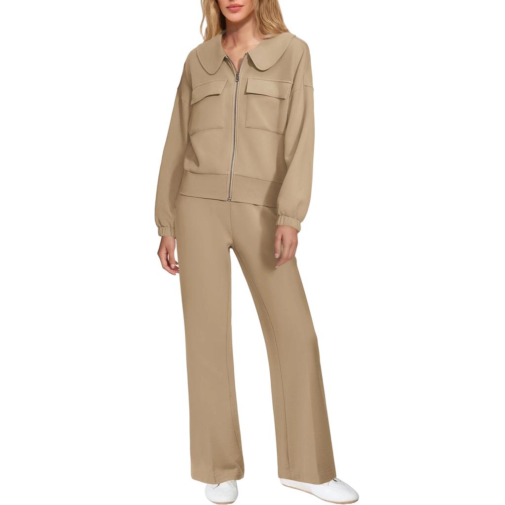 Women's Fashion Casual Solid Color Loose Sets Zip Up Sweatshirt Suit