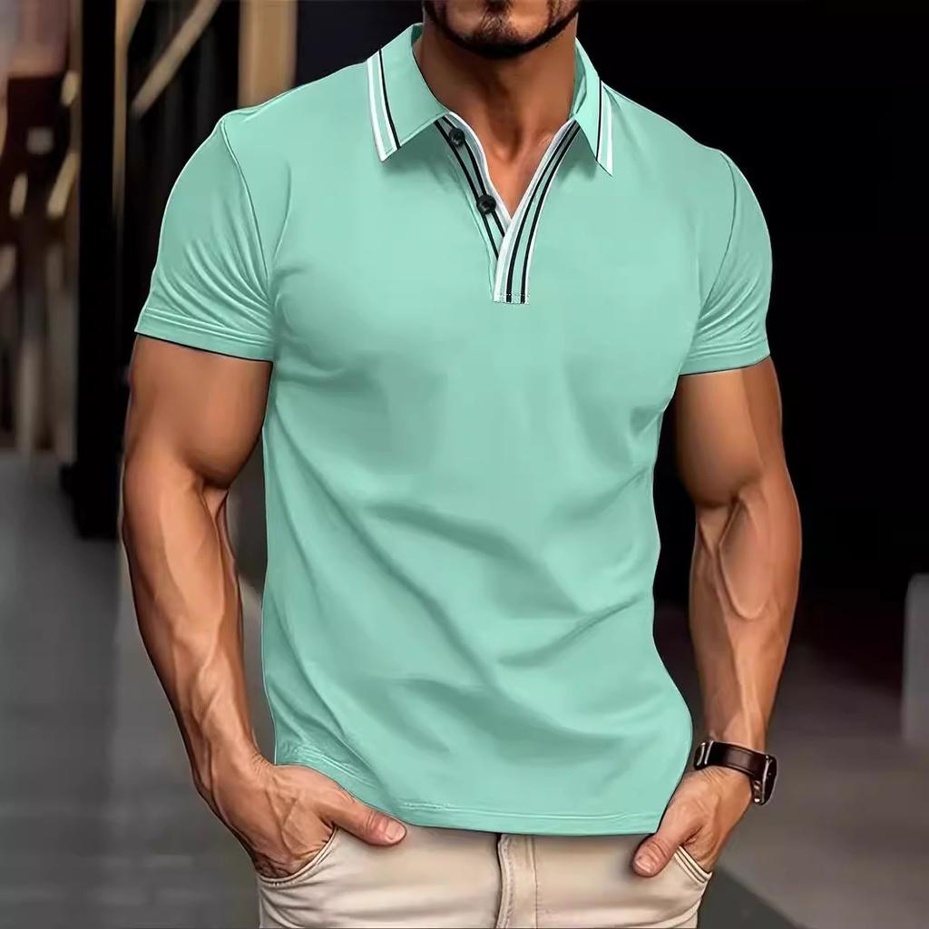 New Men's Collar Striped Casual POLO Shirt V-neck Button Business Versatile T-shirt Tops