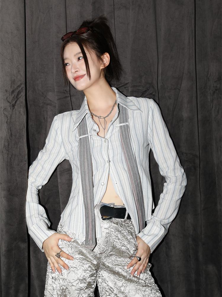 2000-tallets Estetikk Vintage Stripete Skjorter Kvinner Preppy Stil Knytedesign Løse Bluser Dame Motesans Y2k Kontortopper Ny