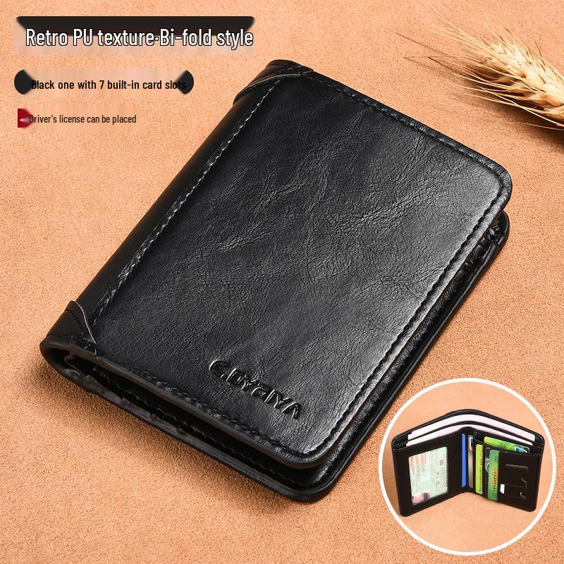 Men's Cross-Border Slim Tri-Fold Leather Wallet with ID and Card Holder