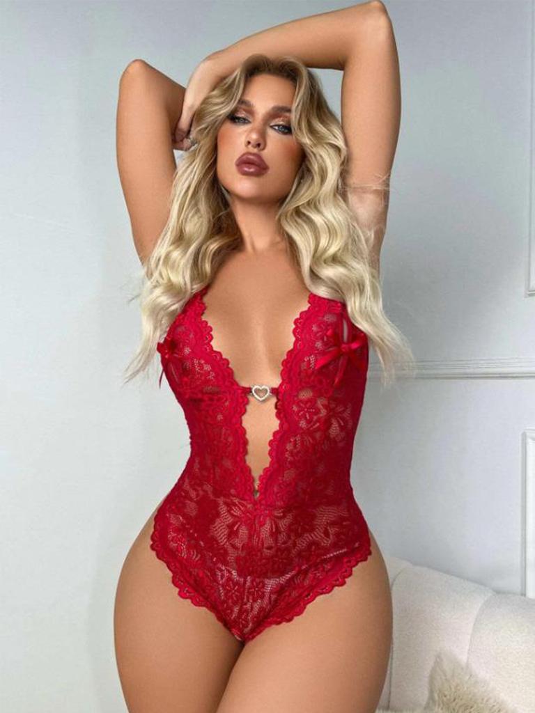 Lace perspective hollow V-neck cute pajamas sexy loungewear pure desire wind one-piece split-ended erotic underwear