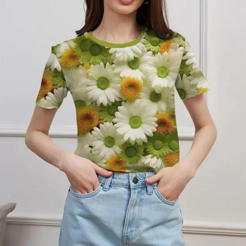 Women's Summer Round Neck Short Sleeved T-shirt Paired with 3D Floral Print Casual Top Breathable and Machine Washable Suitable for Outdoor Daily Wear