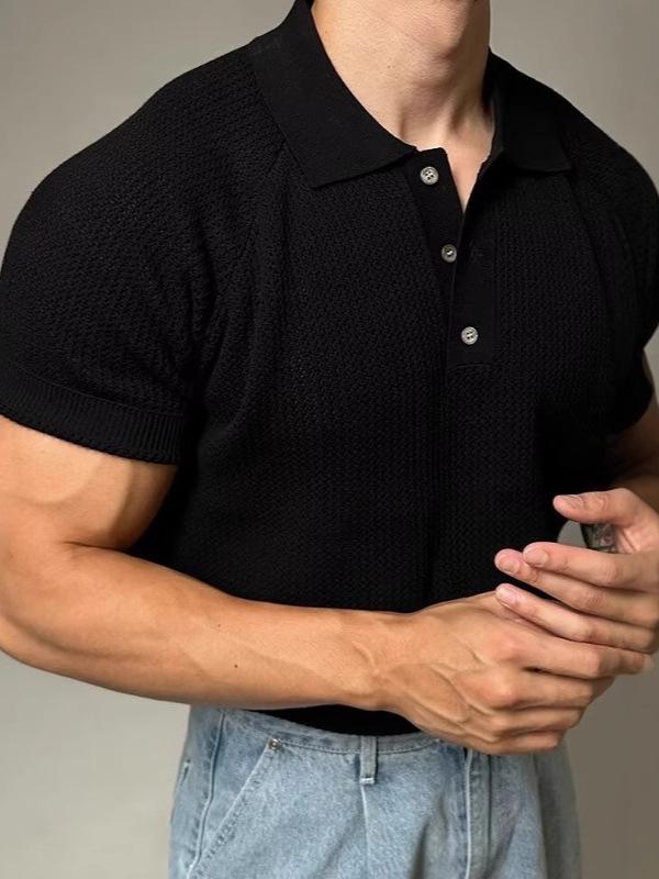 Men's Summer Honeycomb Texture Knitted Polo Shirt with Turn-Down Collar - Breathable Casual Short Sleeve Top