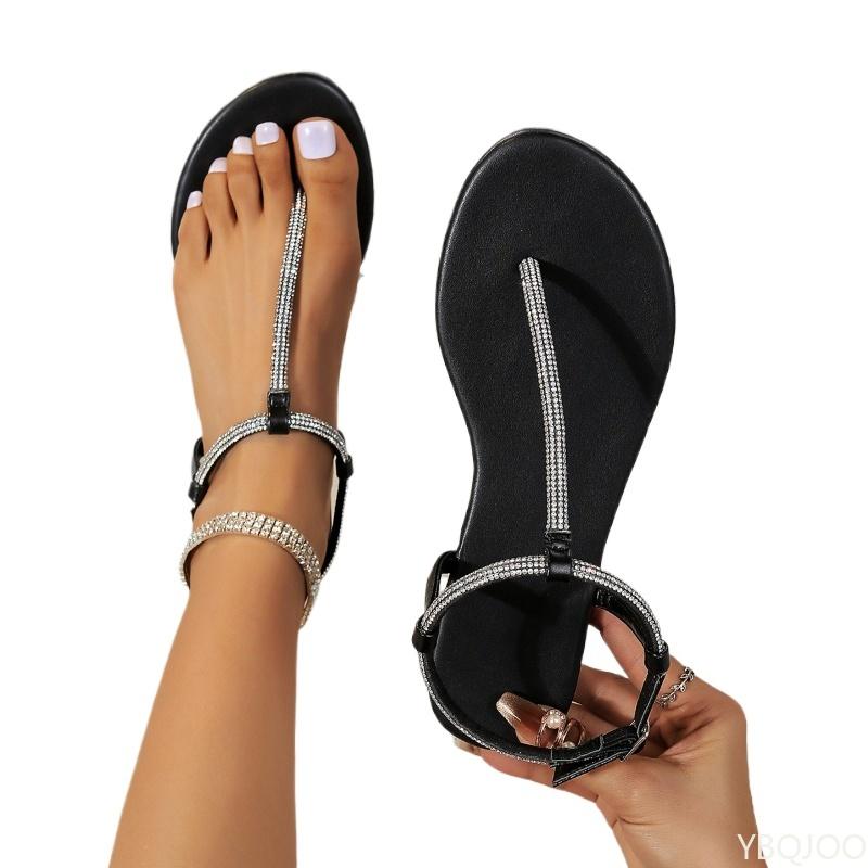 2026 Outdoor Beach T-shaped Fashion Flat Bottom Shoes New Shoes for Women Rhinestone Sandals Simple Comfortable Beach Slippers