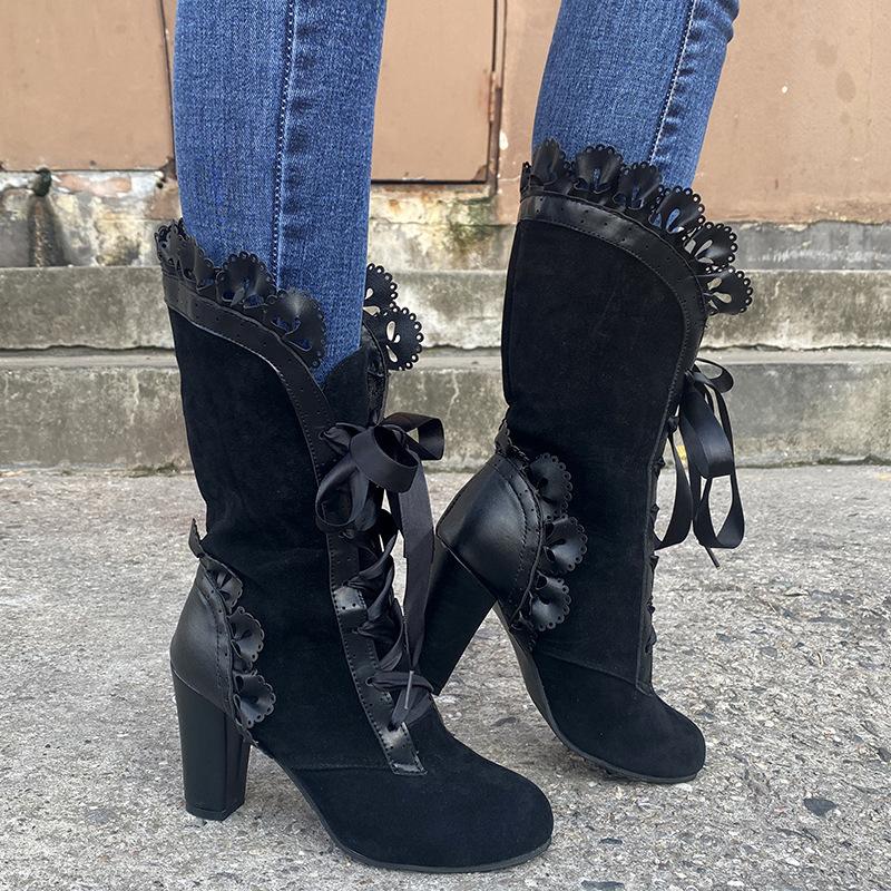 Moda Moda Botas de Media Caña 2024 Otoño Invierno Nuevo Sentido del Diseño Encaje Botas de Cuero de Tacón Alto para Mujer en Grande Zapatos Mujer