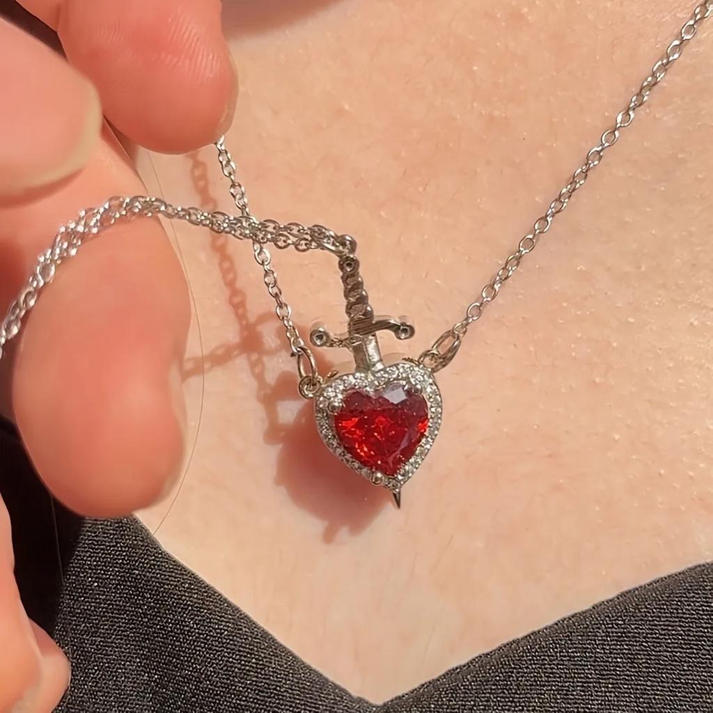 Couple Necklace Heart and Sword Pendant Necklace for Women Gothic Punk Romantic Valentine Day Jewelry Gifts Accessories