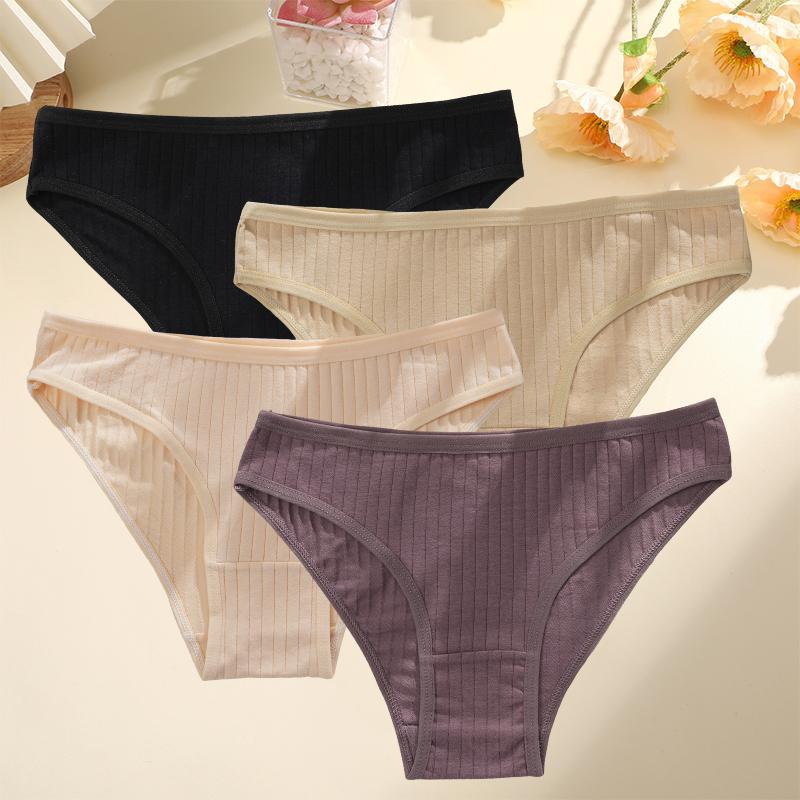4PCS/SET Women's Cotton Panties Sexy Soft Striped Underpants Solid Color Briefs Female Comfortable Stretch Lingerie M-XL