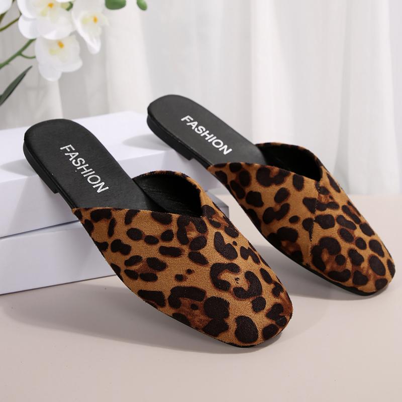 Fashion Sexy Suede Leopard Square Toe Slip On Mules Slippers Women Flat Heels Sandals Women 2025 Summer Fashion Outdoor Slippers Size 43