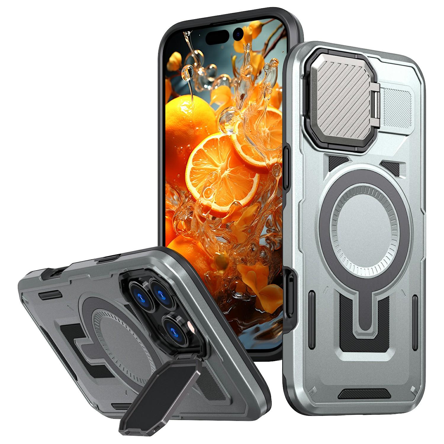 

For iPhone 16 Pro Case Compatible with MagSafe Lens Lid Kickstand PC+TPU Back Cover Silver