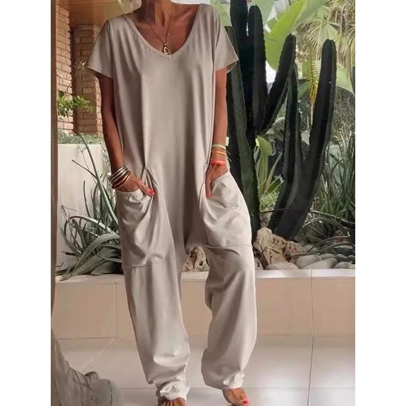 

European and American Summer Women clothes Solid V-neck Oversized Pocket Low-Grade Jumpsuit Straight Pants Yellow M