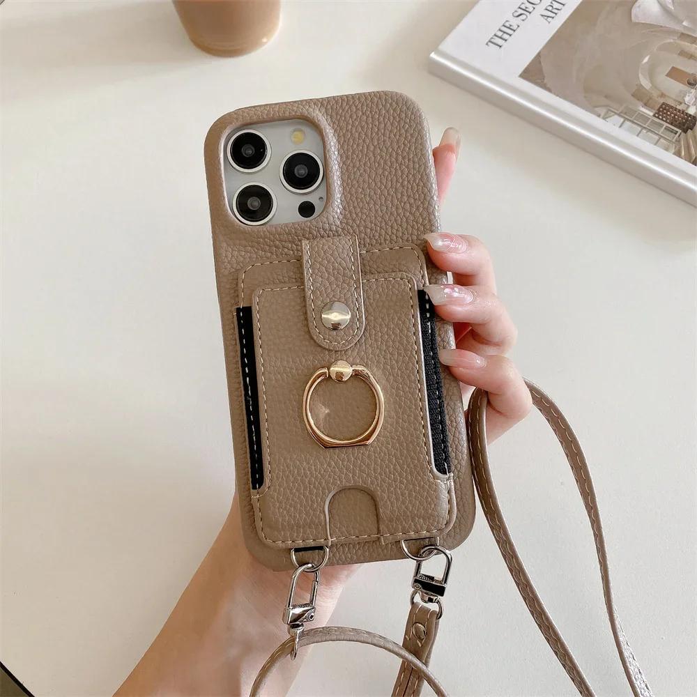 

Чехол-кошелек с держателем для карт для iPhone 16, 15 Plus, 14, 13, 11 Pro Max, 12 Mini, XR, XS Max, кожаный защитный чехол через плечо For iPhone 16 ProMax хаки