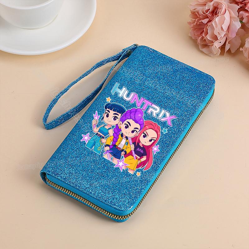 Vysoce kvalitní KPop Lovci démonů Dlouhá peněženka Dámské peněženky na zip Sequin Bling Koženka Kapsa na mince Držák na ID Kartu Dámské Clutch Peněženky