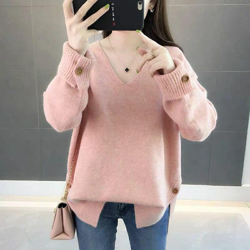 Autumn and Winter Women's V-neck Knitted Sweater Loose Button Solid Color Sweater for Women