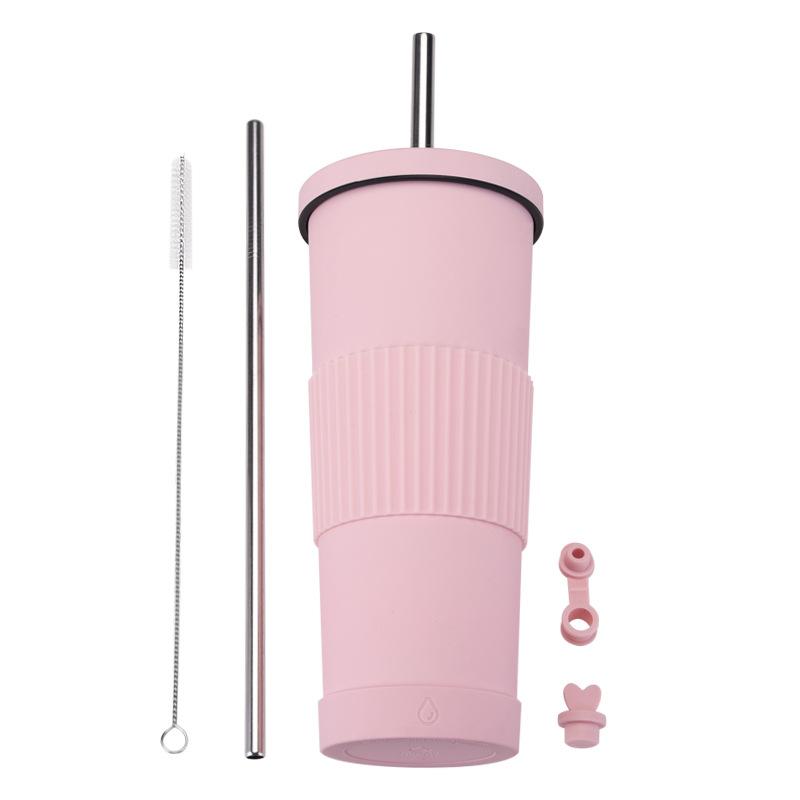 830Ml Stainless Steel Straw Cup Large Capacity Non-Slip Sleeve Straw Thermos Cup Simple Car Water Cup
