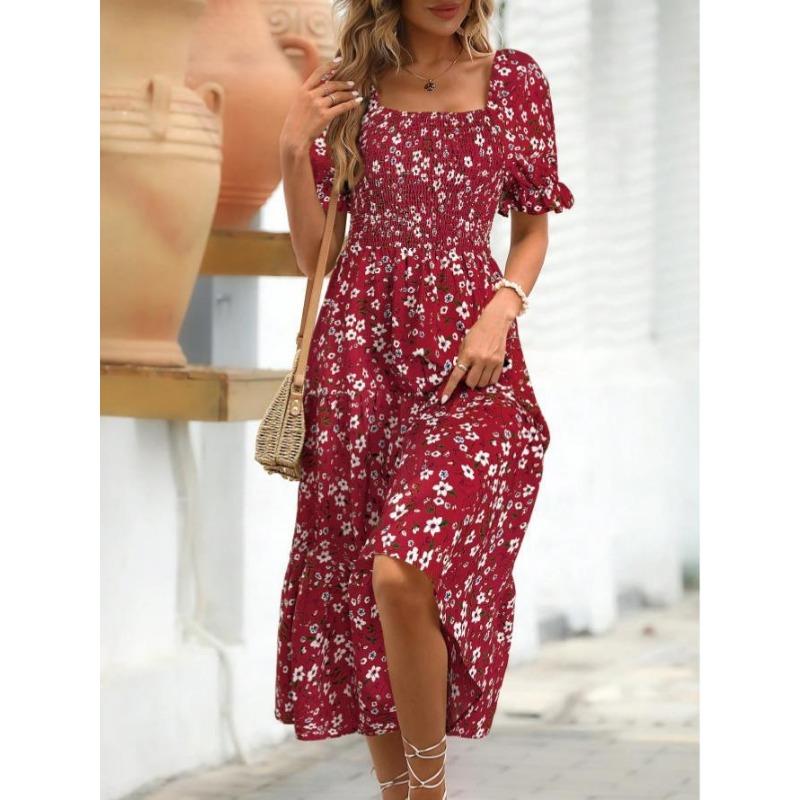 Women's Printed Square Neck Waisted Bubble Sleeve Layered Dresses