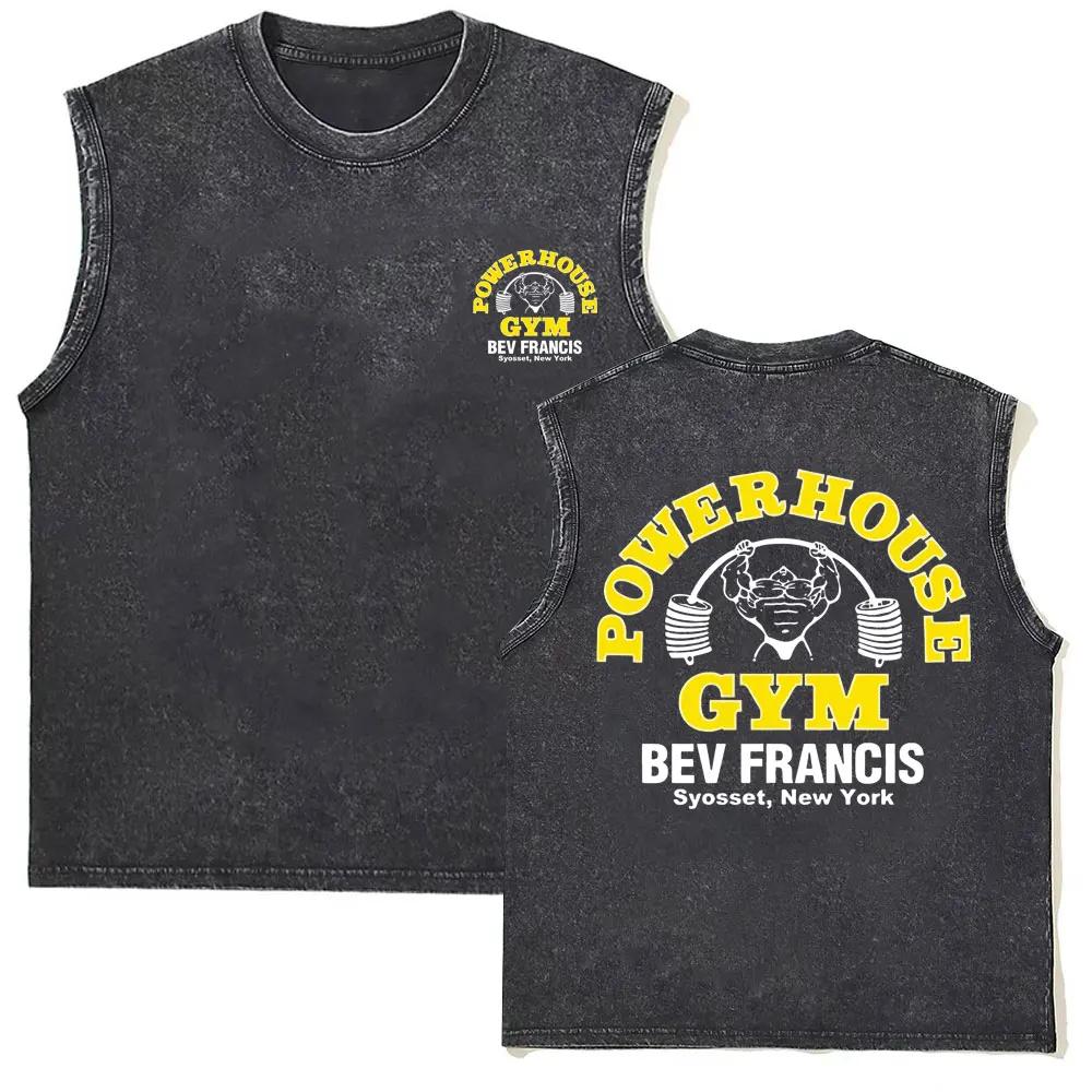 Men's Vintage Washed Sleeveless T-Shirt Powerhouse Gym Print Bodybuilding Tank Top Cotton Casual Muscle Fitness Vest